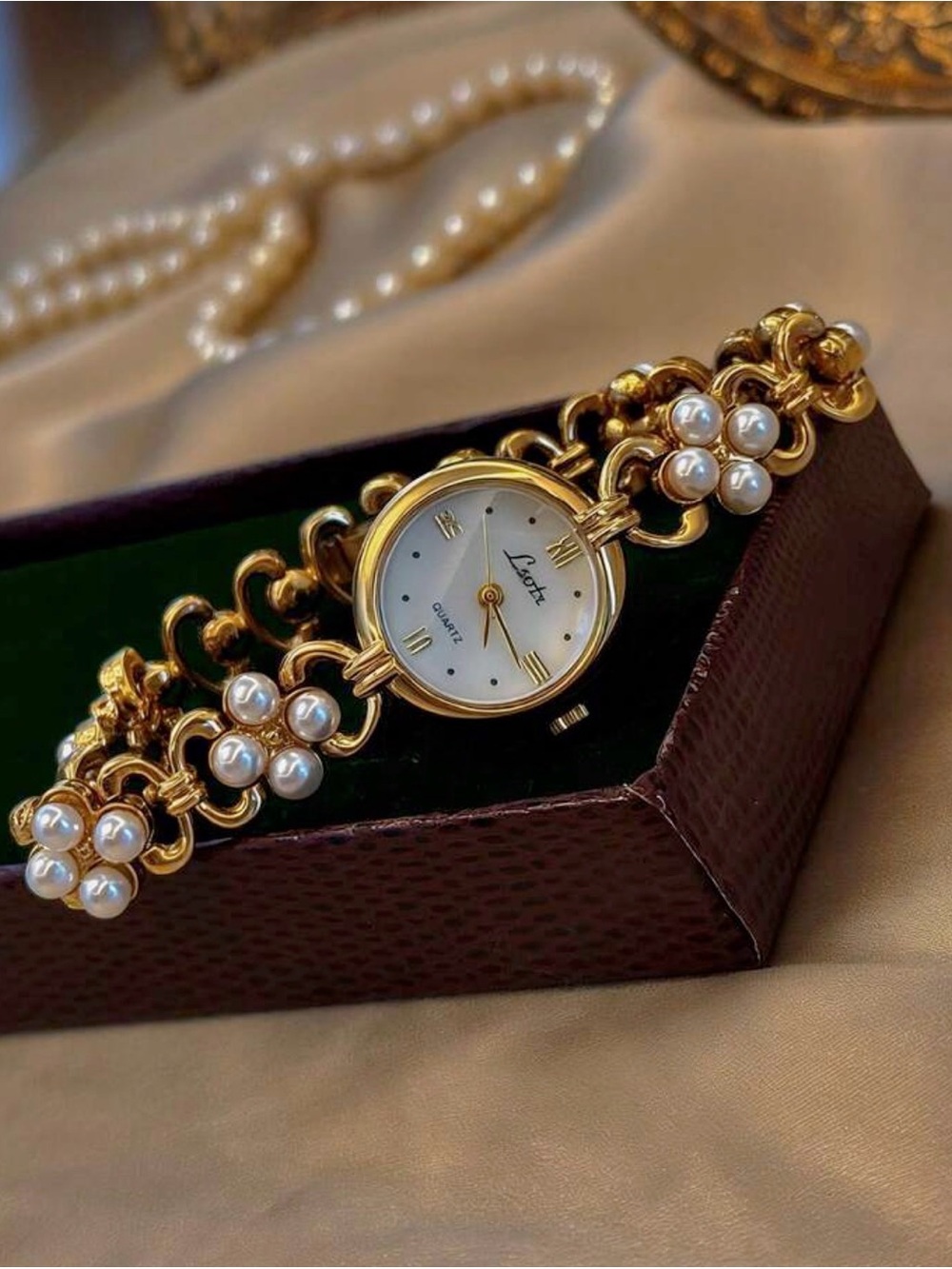 Anthropologie Gold Pearl Floral Link Watch - Picture 8 of 8